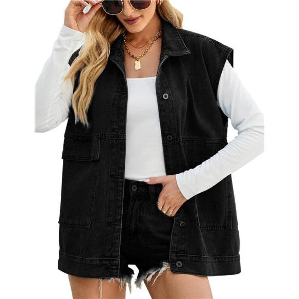 New Women's Cropped Distressed Denim Vest - Ripped Sleeveless Jean Jacket with